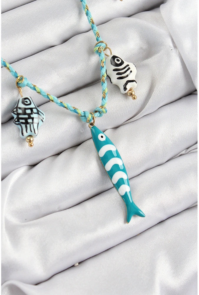 Shoecide Seramik Motifli Balık Figürlü Model Mavi İp Kadın Kolye