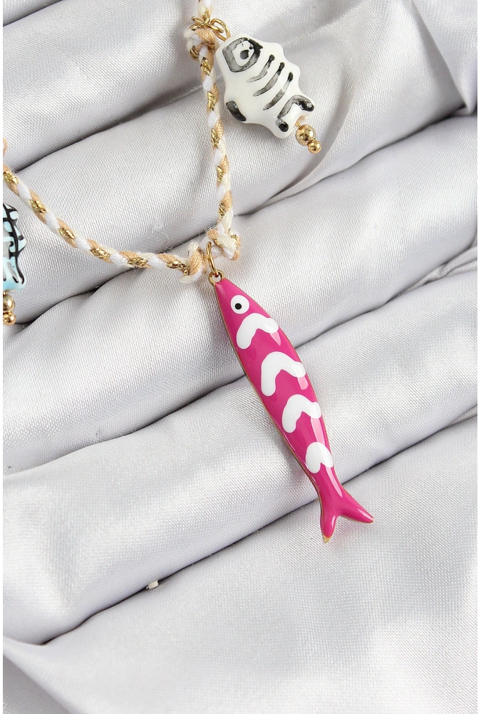 Shoecide Seramik Motifli Pembe Balık Figürlü Model Krem İp Kadın Kolye
