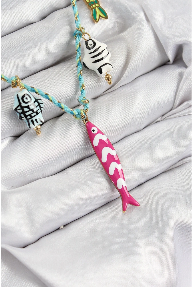Shoecide Seramik Motifli Pembe Balık Figürlü Model Mavi İp Kadın Kolye