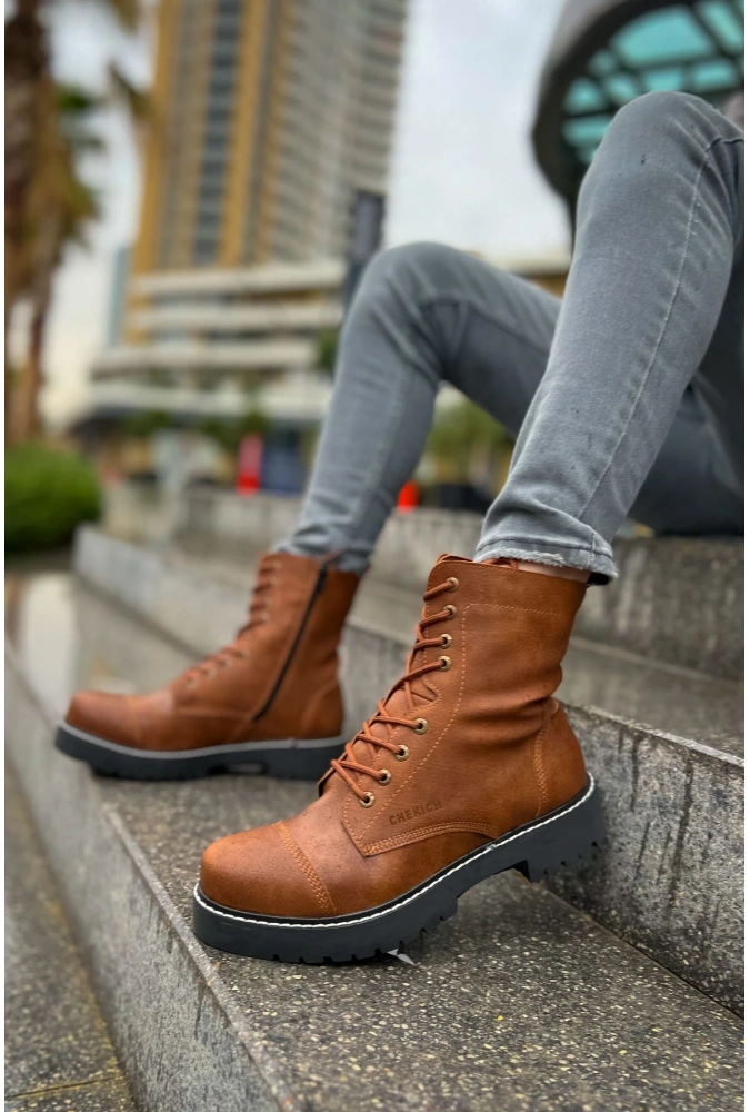 Shoecide Sho009 Bağcıklı Fermuarlı Yüksek Taban Cst Military Erkek Bot Taba