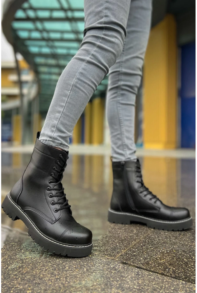 Shoecide Sho009 Bağcıklı Fermuarlı Yüksek Taban Fst Military Erkek Bot Sıyah