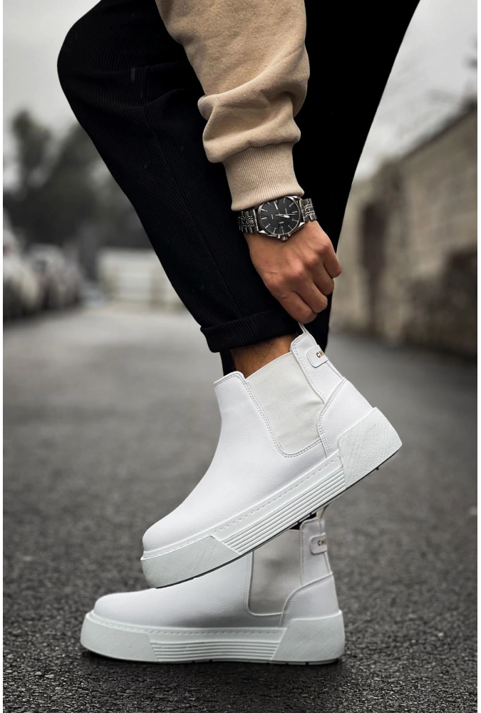Shoecide Sho069 Bağcıksız Lastikli Chelsea Crt Harmany Erkek Bot Beyaz