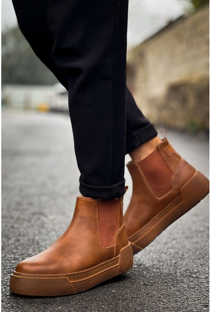 Shoecide Sho069 Bağcıksız Lastikli Chelsea Crt Harmany Erkek Bot Taba