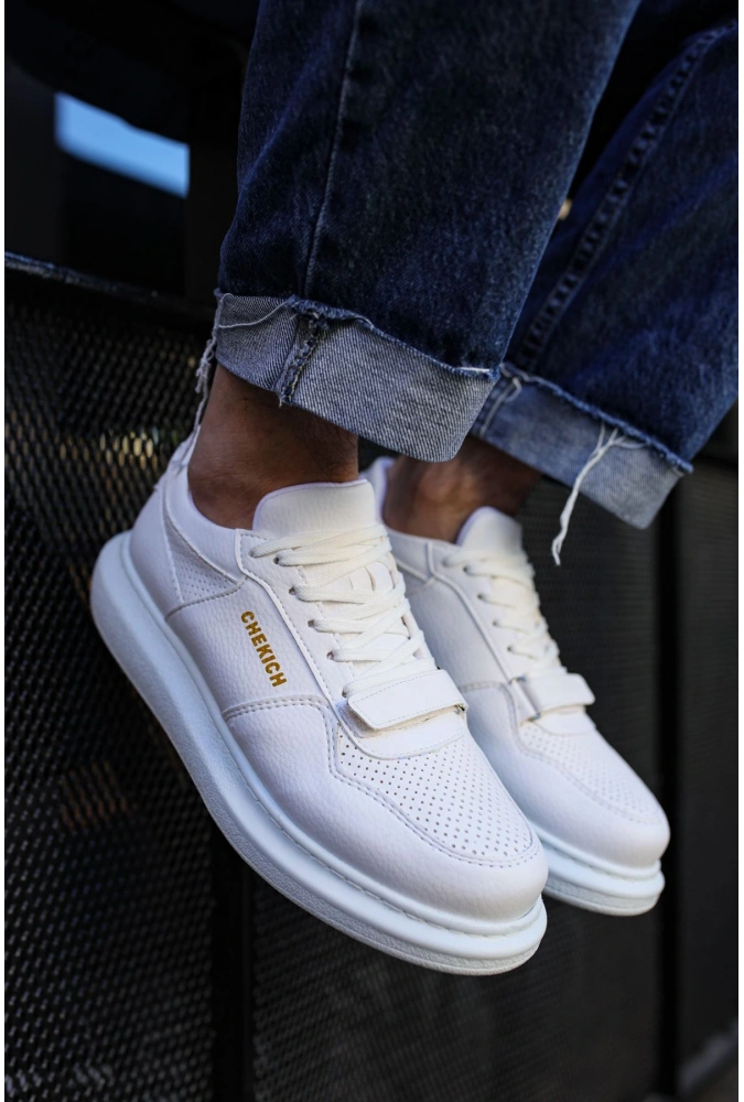 Shoecide Sho073 Bağcıklı Yüksek Taban Bant Detaylı Cbt Flatline Erkek Ayakkabı Beyaz