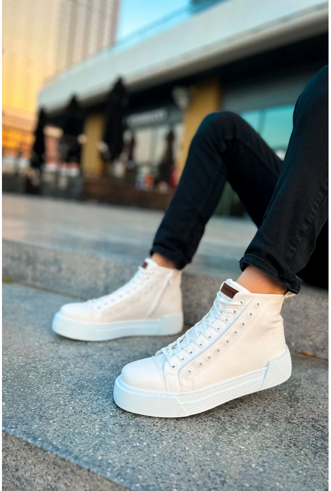 Shoecide Sho167 Bağcıklı Yüksek Taban Gbt Blazer Erkek Spor Bot Beyaz / Beyaz