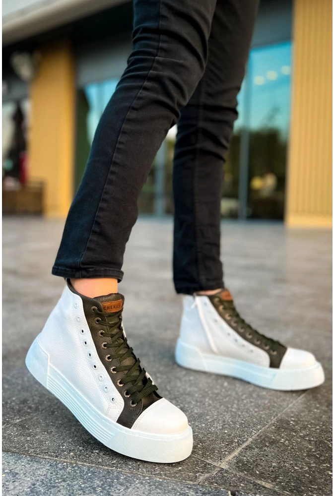 Shoecide Sho167 Bağcıklı Yüksek Taban Gbt Blazer Erkek Spor Bot Beyaz / Hakı