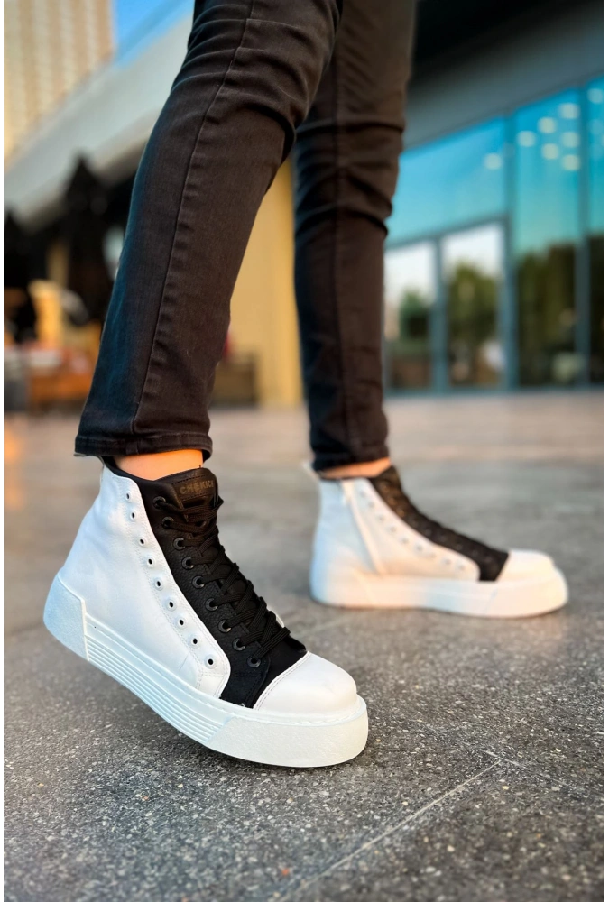 Shoecide Sho167 Bağcıklı Yüksek Taban Gbt Blazer Erkek Spor Bot Beyaz/sıyah