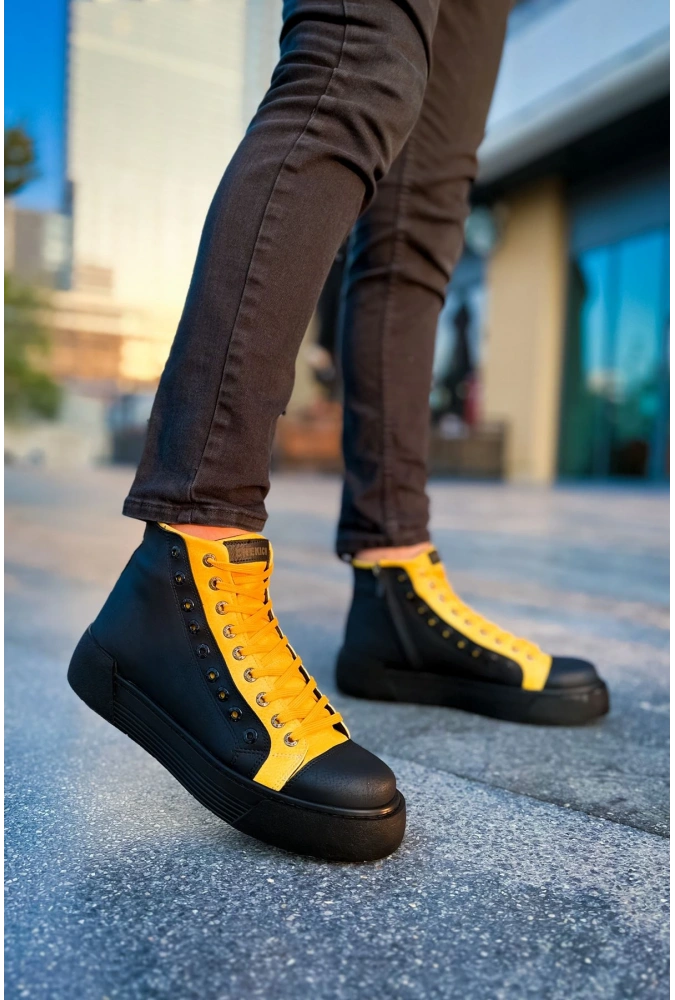 Shoecide Sho167 Bağcıklı Yüksek Taban Gst Blazer Erkek Spor Bot Sıyah - Sarı