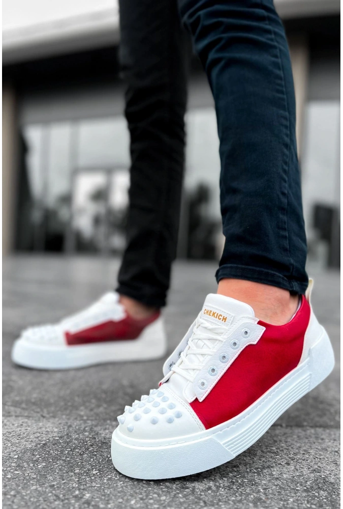 Shoecide Sho169 Bağcıklı Gotik Çivili Metal Cbt Thorn Erkek Ayakkabı Beyaz / Kırmızı