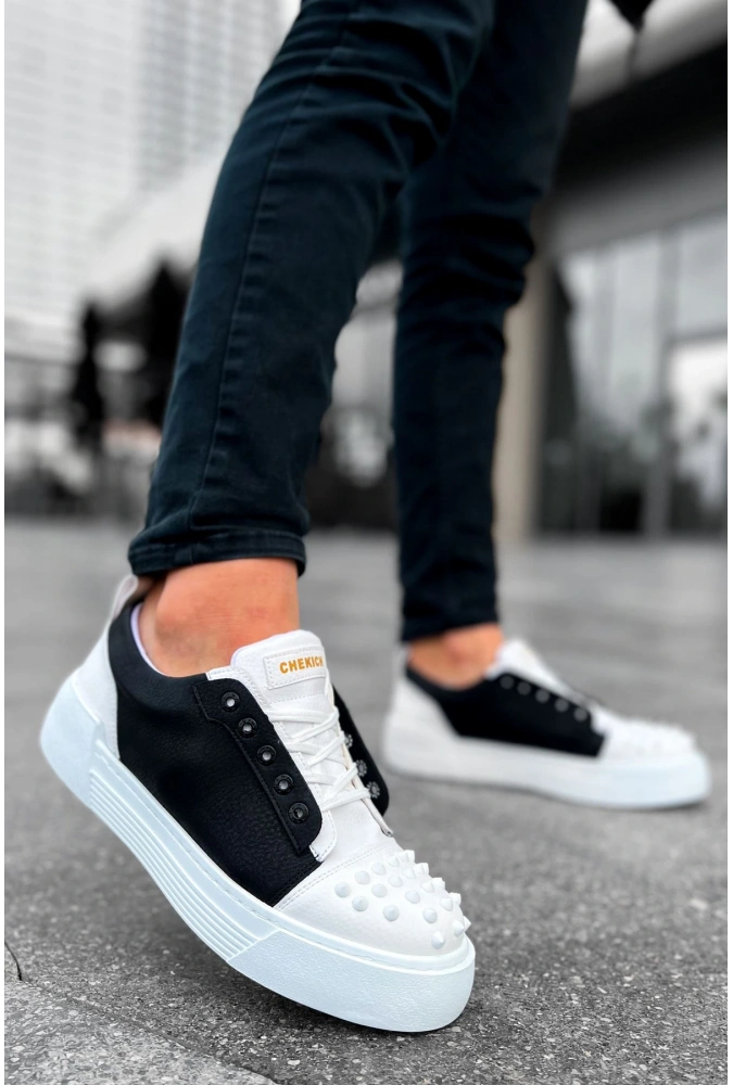 Shoecide Sho169 Bağcıklı Gotik Çivili Metal Cbt Thorn Erkek Ayakkabı Beyaz/sıyah