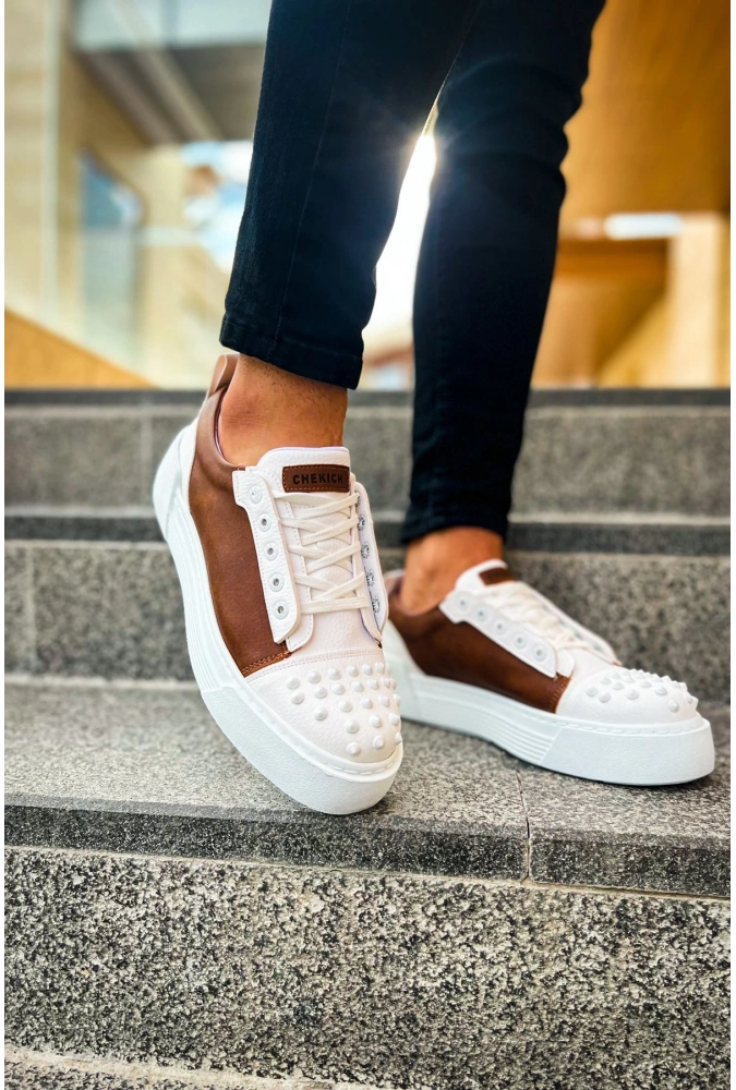 Shoecide Sho169 Bağcıklı Gotik Çivili Metal Cbt Thorn Erkek Ayakkabı Beyaz/taba