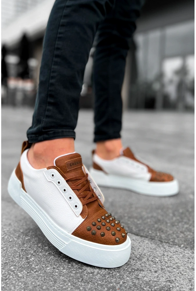 Shoecide Sho169 Bağcıklı Gotik Çivili Metal Cbt Thorn Erkek Ayakkabı Taba/beyaz