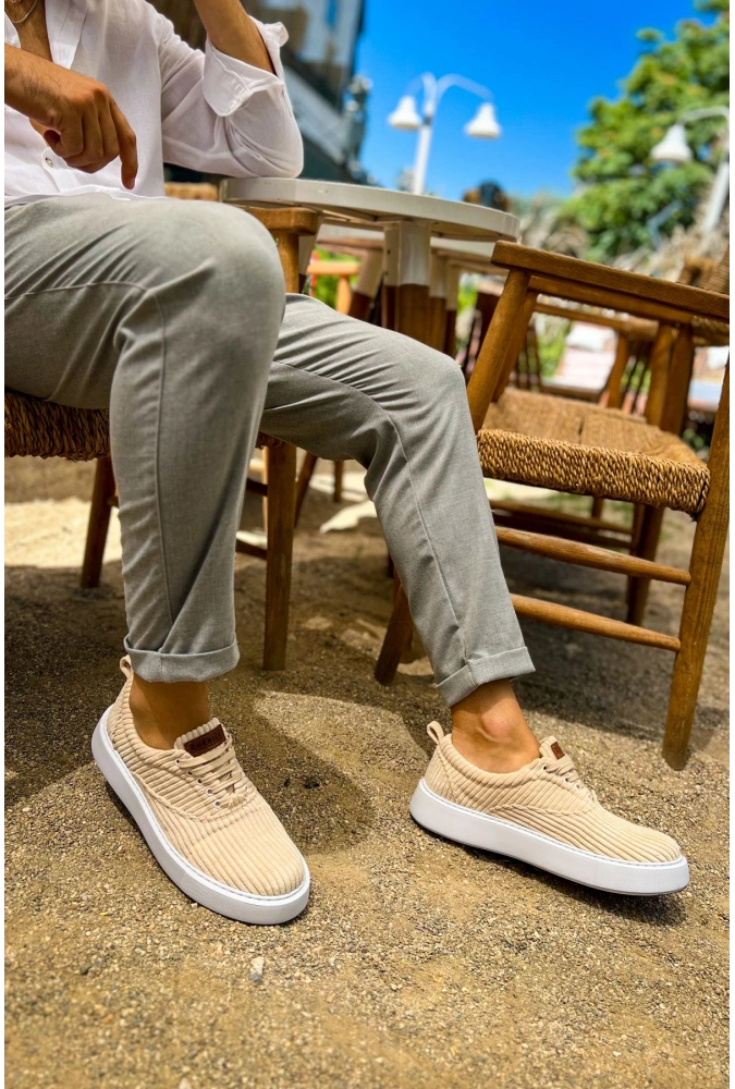 Shoecide Sho173 Bağcıklı Yüksek Taban Fitilli  Kbt Velluto Erkek Ayakkabı Bej