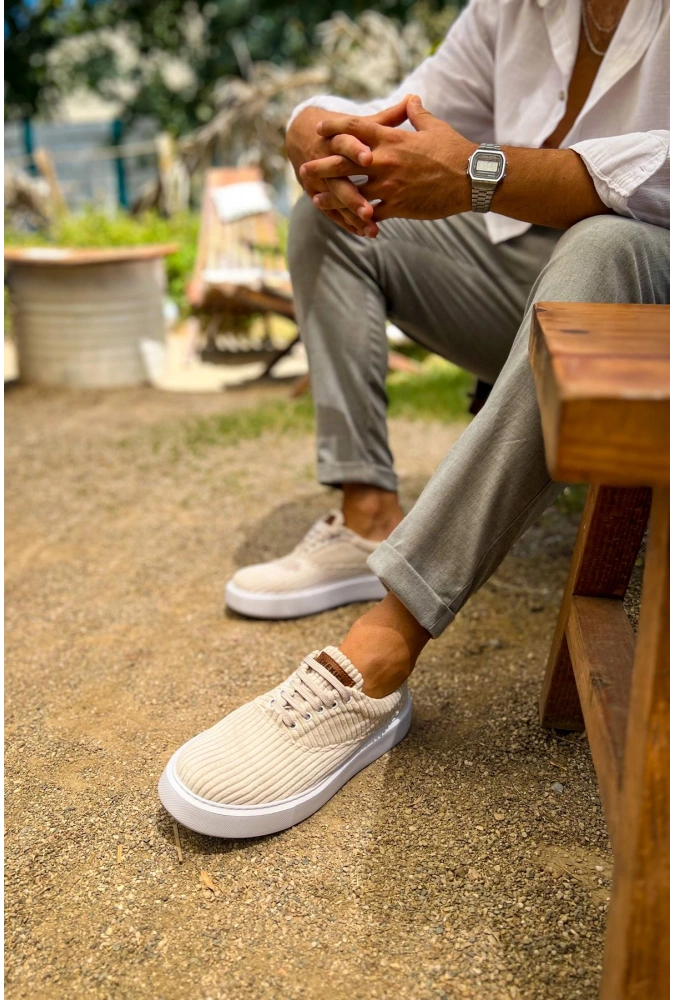 Shoecide Sho173 Bağcıklı Yüksek Taban Fitilli  Kbt Velluto Erkek Ayakkabı Beyaz