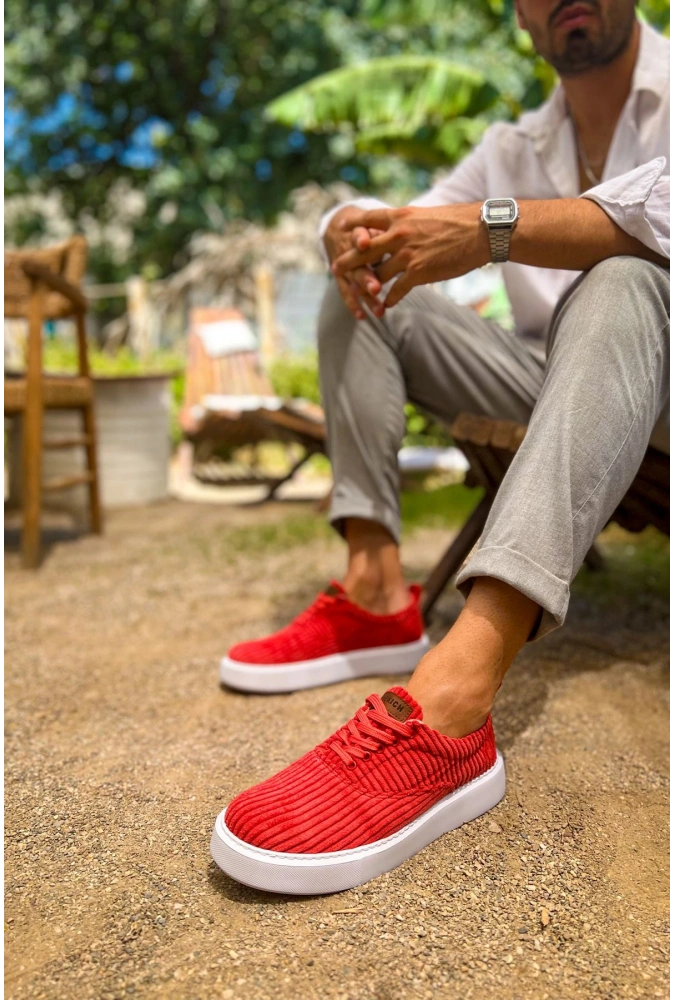 Shoecide Sho173 Bağcıklı Yüksek Taban Fitilli  Kbt Velluto Erkek Ayakkabı Kırmızı