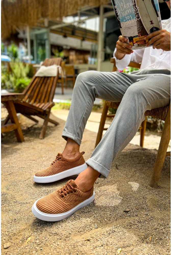 Shoecide Sho173 Bağcıklı Yüksek Taban Fitilli  Kbt Velluto Erkek Ayakkabı Taba