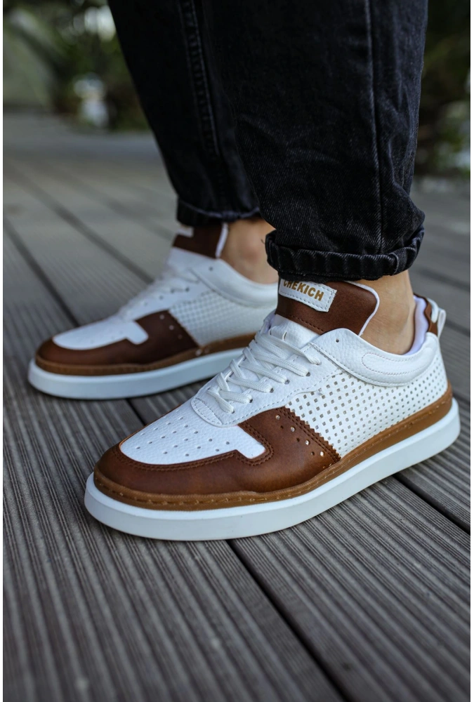 Shoecide Sho201 Bağcıklı Delikli Desen Cbt Hercules Erkek Ayakkabı Taba/beyaz