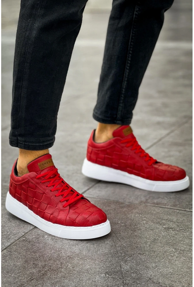 Shoecide Sho209 Bağcıklı Yüksek Taban Özel Tasarım Obt Vimini Erkek Ayakkabı Kırmızı