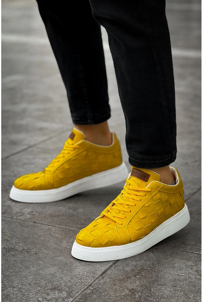 Shoecide Sho209 Bağcıklı Yüksek Taban Özel Tasarım Obt Vimini Erkek Ayakkabı Sarı