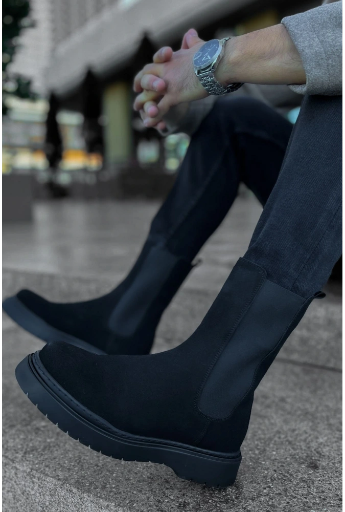 Shoecide Sho223 Lastikli Yüksek Taban Srt Alaska Süet Erkek Chelsea Bot Sıyah