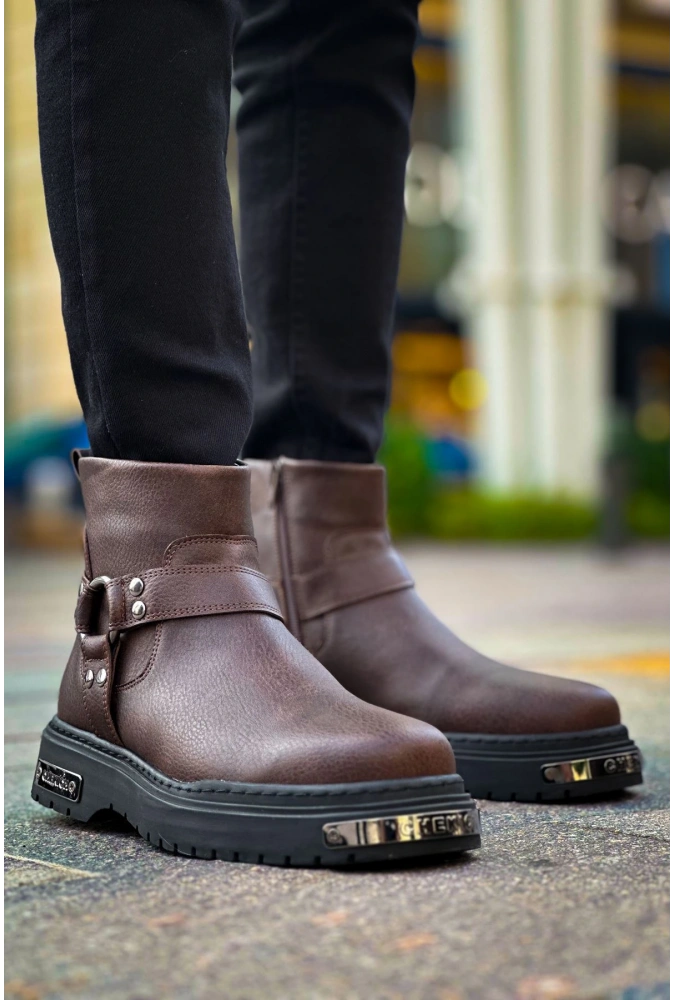 Shoecide Sho227 Fermuarlı Metal Desen Cst Yukon Erkek Harley Postal Bot Kahve