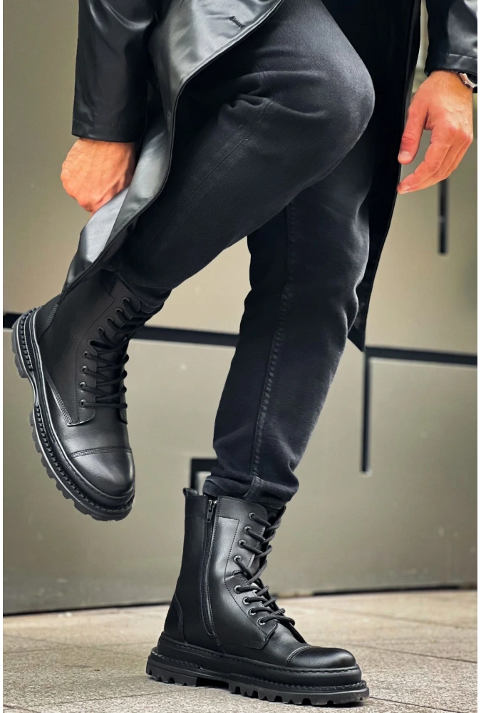 Shoecide Sho229 Bağcıklı ve Fermuarlı Yüksek Taban Fst Crow Erkek Postal Bot Sıyah