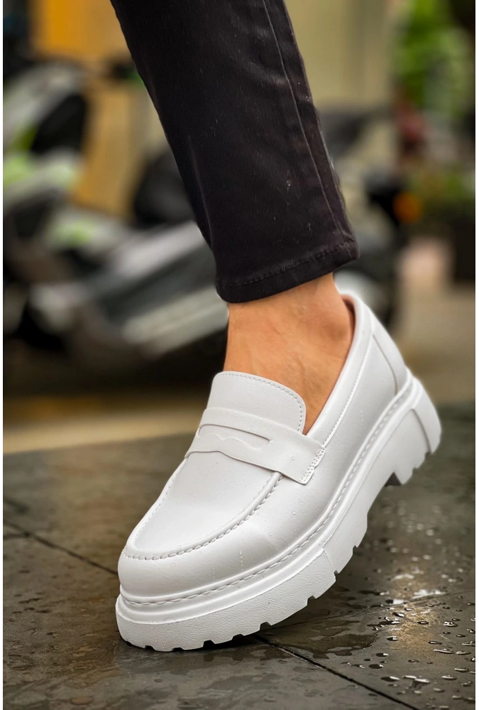 Shoecide Sho2417 Bağcıksız Kalın Taban  Fbt Erkek Loafer Ayakkabı Beyaz