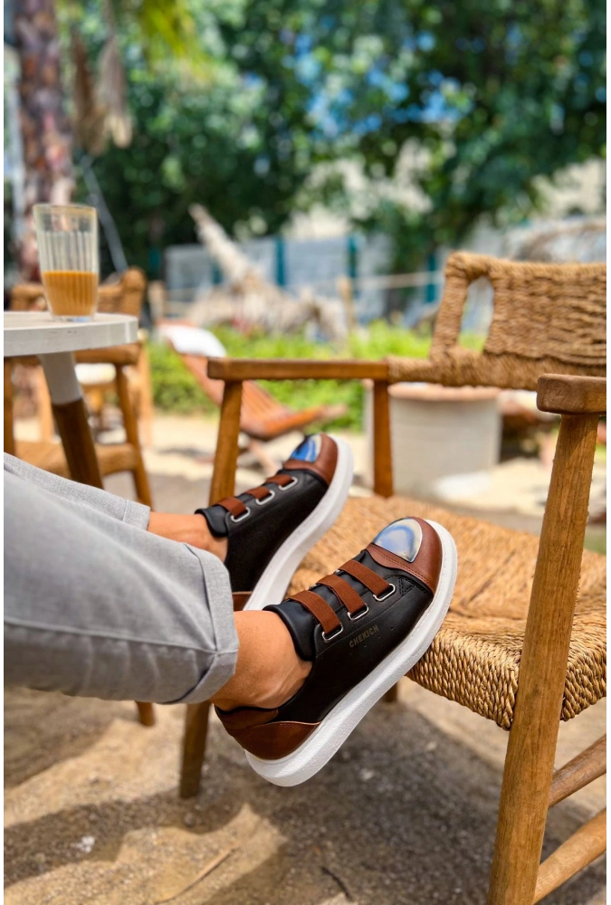 Shoecide Sho251 3 Bantlı Ayna Burun Rahat Taban Gbt Mirror Furry Erkek Ayakkabı Sıyah/taba