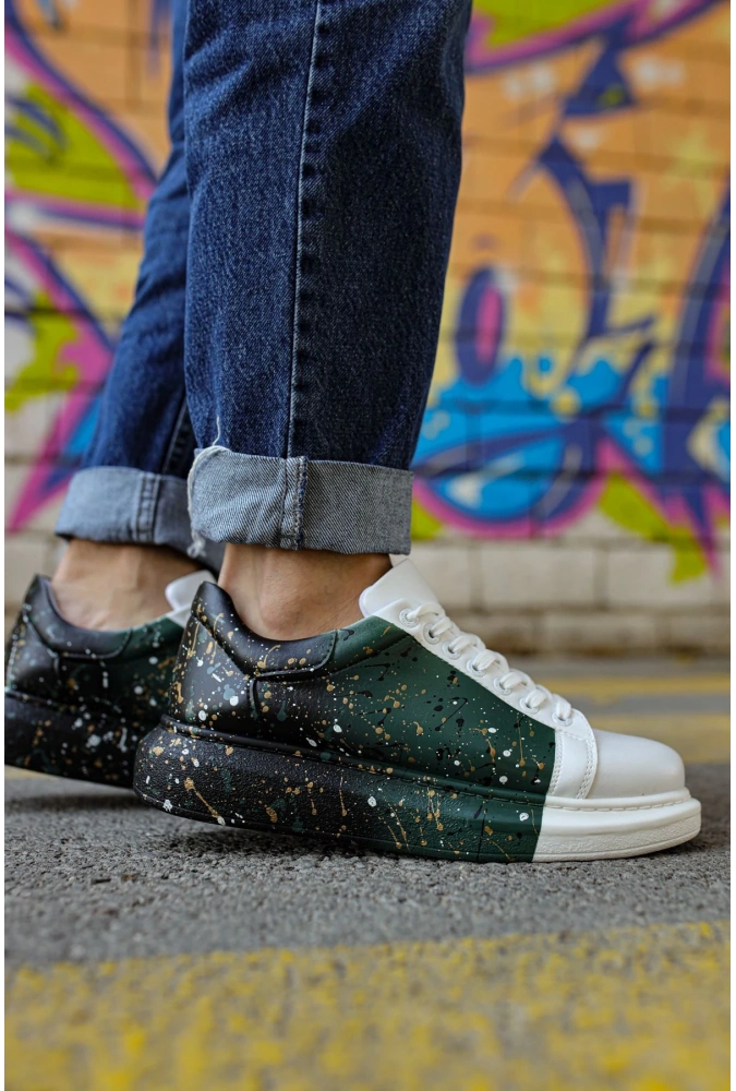 Shoecide Sho254 Bağcıklı Yüksek Taban Özel Tasarım Cbt Pittura Erkek Ayakkabı 437 Beyaz / Yesıl / Sıyah