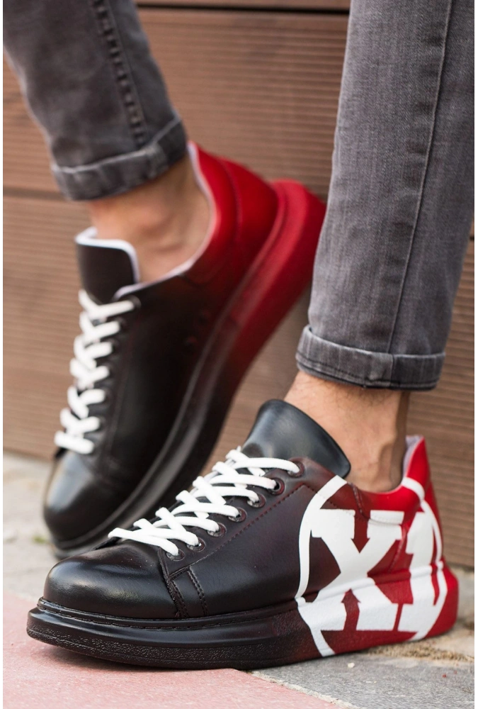 Shoecide Sho254 Bağcıklı Yüksek Taban Özel Tasarım Cbt Pittura Erkek Ayakkabı 445 Sıyah / Kırmızı X1