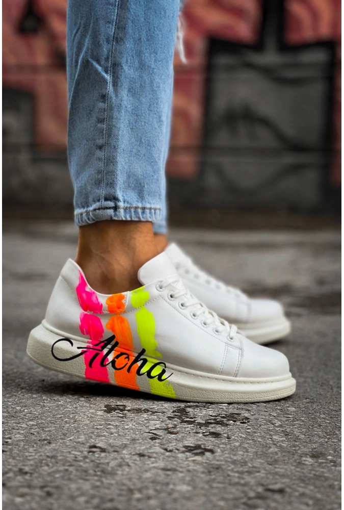 Shoecide Sho254 Bağcıklı Yüksek Taban Özel Tasarım Cbt Pittura Erkek Ayakkabı 501 Aloha Sarı Pembe Beyaz