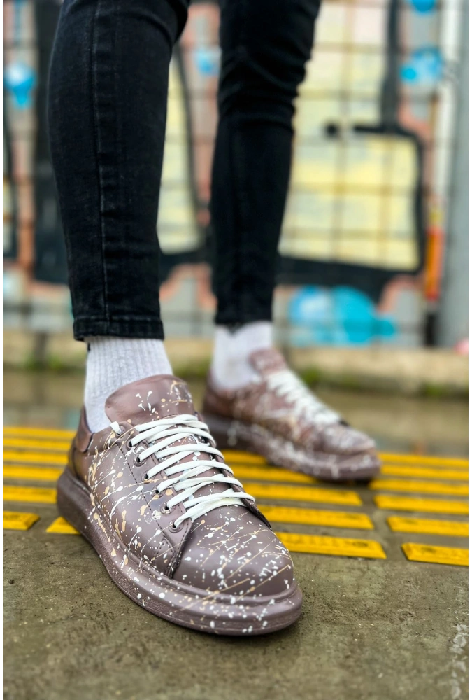 Shoecide Sho254 Bağcıklı Yüksek Taban Özel Tasarım Cbt Pittura Erkek Ayakkabı 548 Kahve / Beyaz Splush