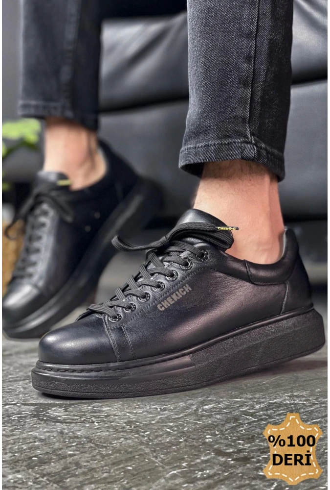 Shoecide Sho257 Bağcıklı Yüksek Taban Dst Estrella Hakiki Deri Erkek Ayakkabı Sıyah