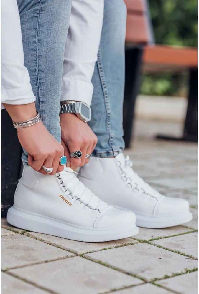 Shoecide Sho258 Bağcıklı Yüksek Taban Cbt Roma Erkek Spor Bot Beyaz