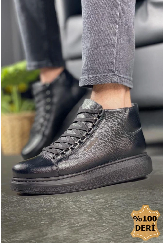 Shoecide Sho258 Bağcıklı Yüksek Taban Cst Roma Deri Erkek Spor Bot Sıyah