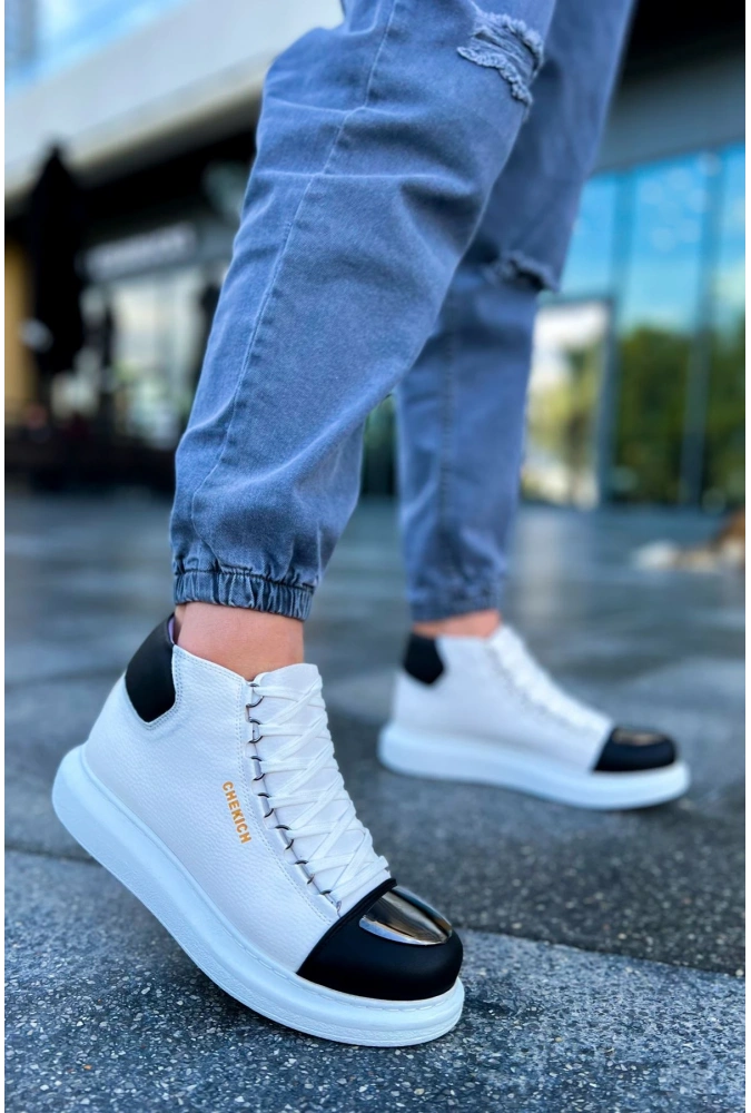 Shoecide Sho267 Bağcıklı Yüksek Taban Gbt Roma Mirror Erkek Spor Bot Beyaz/sıyah