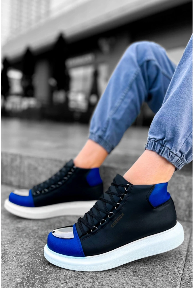 Shoecide Sho267 Bağcıklı Yüksek Taban Gbt Roma Mirror Erkek Spor Bot Sıyah/sax Mavı