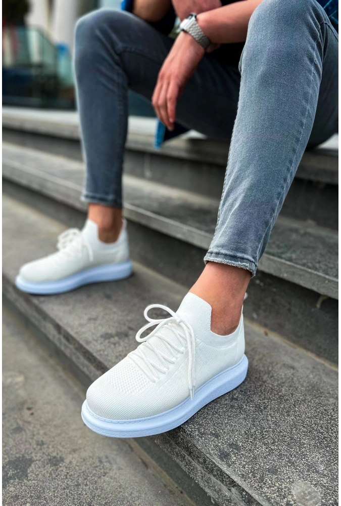 Shoecide Sho307 Bağcıklı Yüksek Taban Rt Tricot Erkek Ayakkabı Beyaz