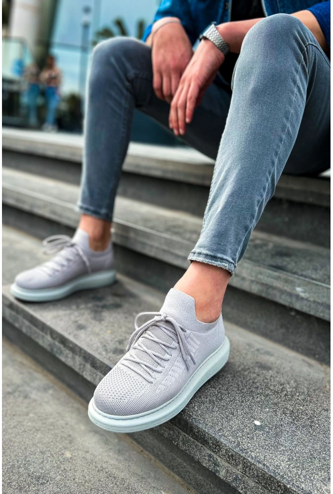 Shoecide Sho307 Bağcıklı Yüksek Taban Rt Tricot Erkek Ayakkabı Grı