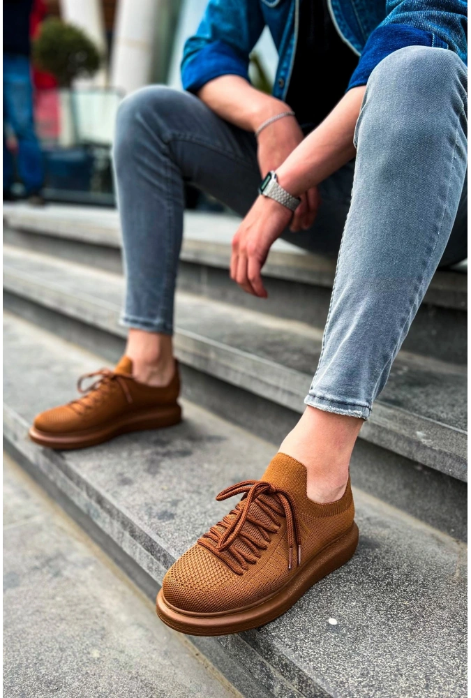 Shoecide Sho307 Bağcıklı Yüksek Taban Rt Tricot Erkek Ayakkabı Kahve