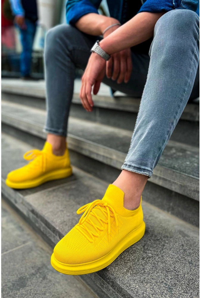 Shoecide Sho307 Bağcıklı Yüksek Taban Rt Tricot Erkek Ayakkabı Sarı