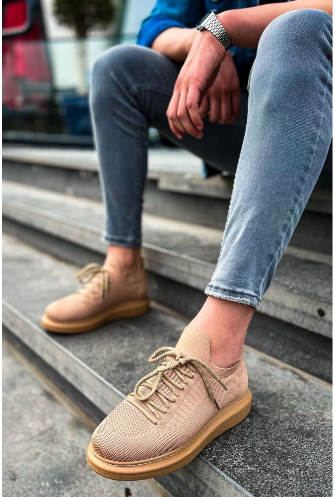 Shoecide Sho307 Bağcıklı Yüksek Taban Rt Tricot Erkek Ayakkabı Taba