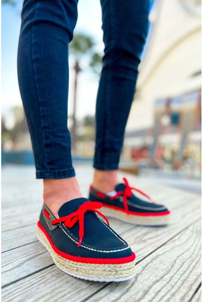 Shoecide Sho311 Bağcıklı Jüt Taban Espadril Erkek Ayakkabı Sıyah - Kırmızı