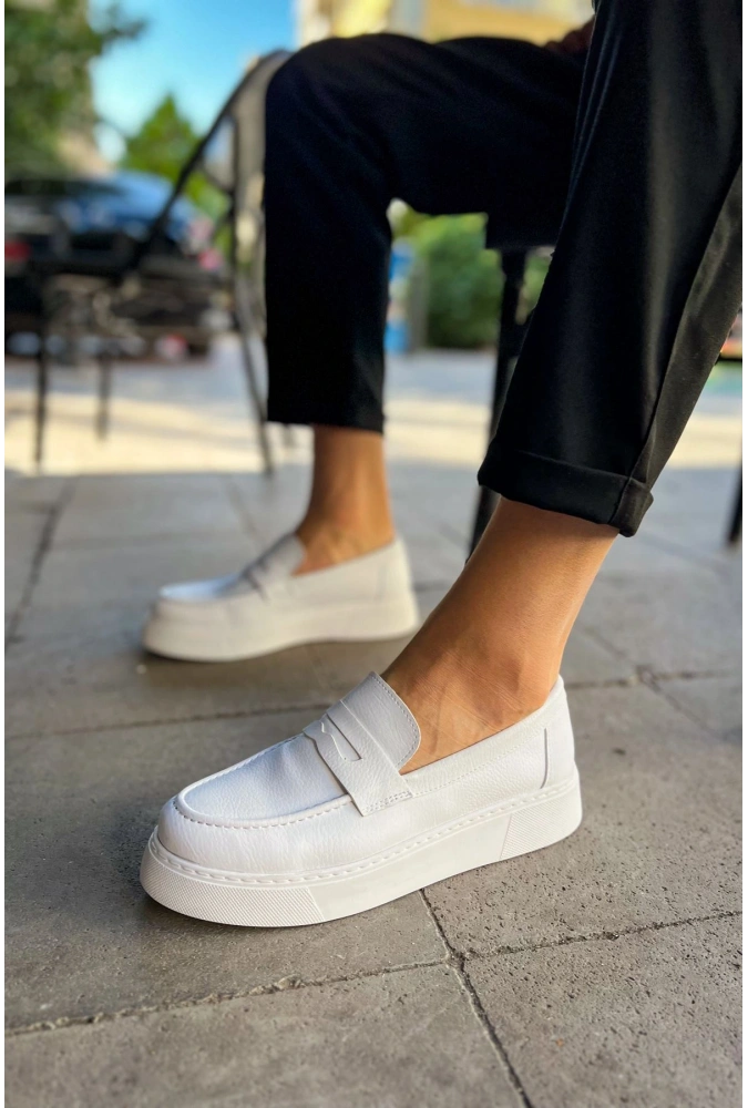 Shoecide Sho421 Bağcıksız Yüksek Taban Bandera Erkek Loafer Ayakkabı Beyaz