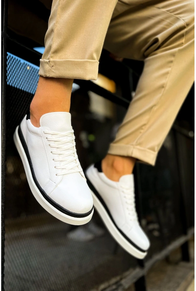 Shoecide Sho979 Bağcıklı Rahat Taban Santoni Gbt Spor Erkek Ayakkabı Beyaz/sıyah