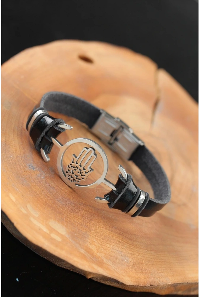 Shoecide Silver Renk Fatma Ana Eli Metal Aksesuarlı Siyah Renk Deri Erkek Bileklik