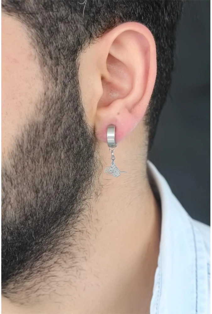 Shoecide Silver Renk Kaplama Osmanlı Tuğra Figürlü Kıstırmalı Çelik Erkek Küpe