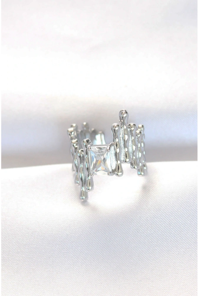 Shoecide Silver Renk Tırtıklı Kalın Baget Taş Tasarım Ayarlanabilir Yüzük