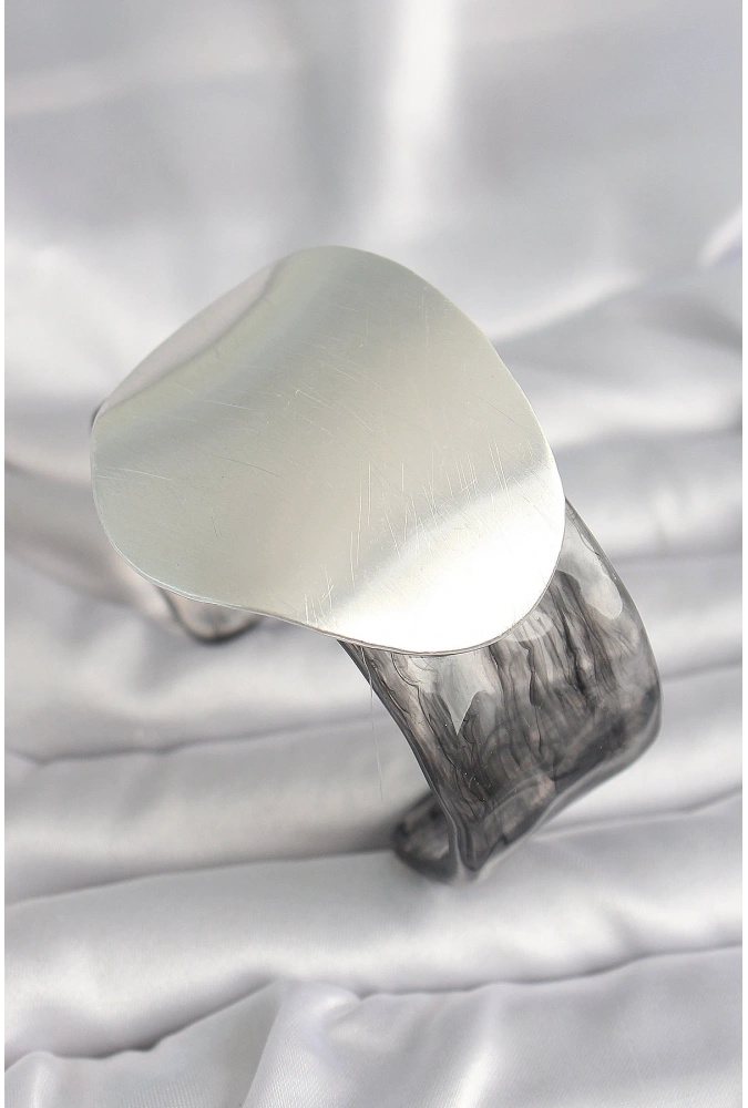 Shoecide Siyah Mermer Desen Akrilik Pilastik Gümüş Plaka Model Vintage Kadın Bilezik