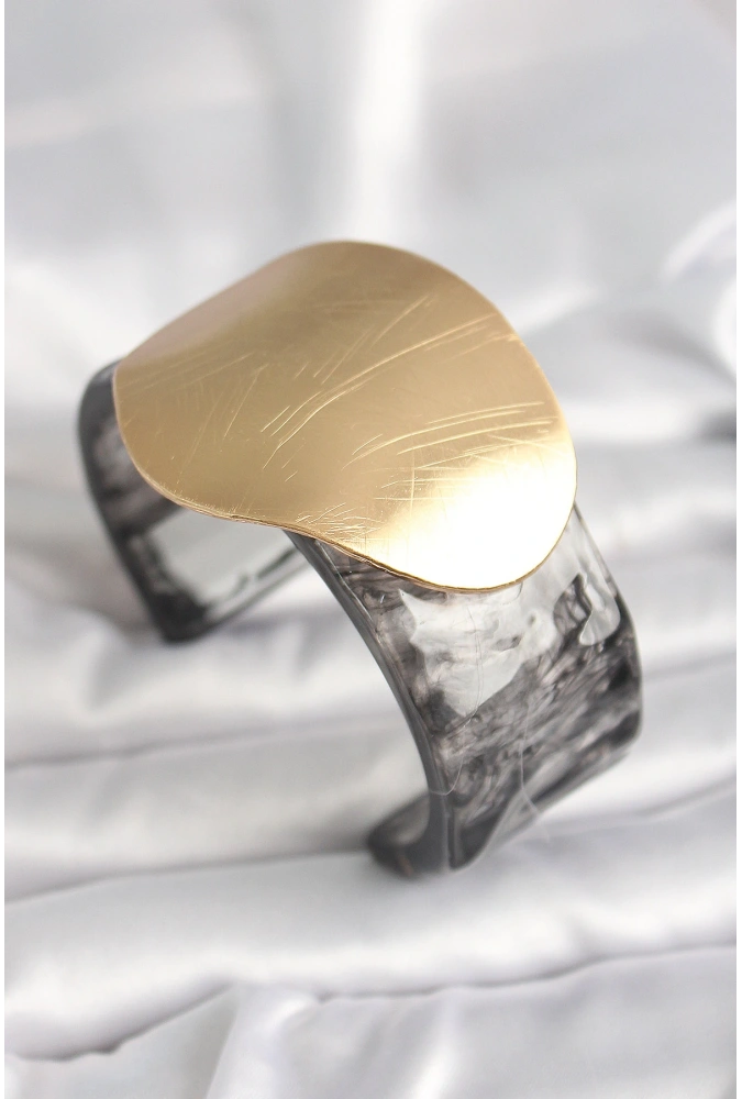 Shoecide Siyah Mermer Desen Akrilik Plastik Gold Daire Plaka Model Vintage Kadın Bilezik